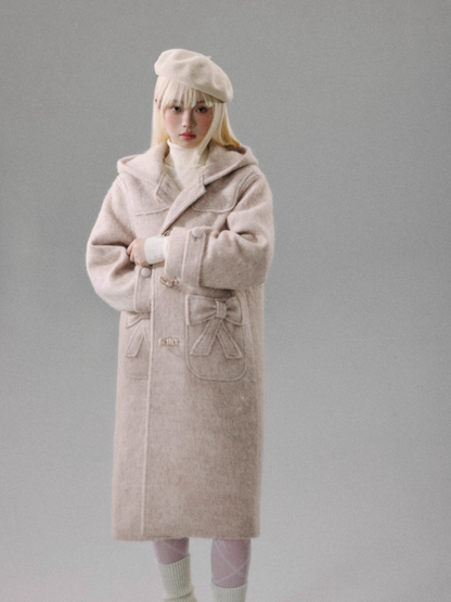 "Ebony Rose" Wool-Blend Hooded Toggle Long Coat - Pink
