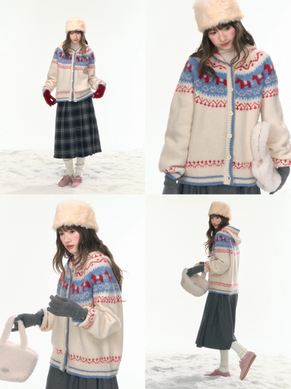 “Christmas Candy Market” Hooded Pony Fair Isle Knit Cardigan WW2025475