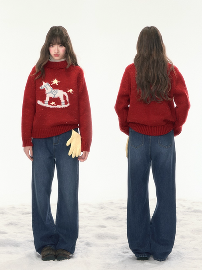 “Christmas Star Rocking Pony” Cozy Wool-Blend Knit Sweater WW2025470