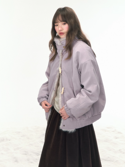 “Caramel Taro Mousse” Faux-Fur PU Leather Short Jacket WW2025458