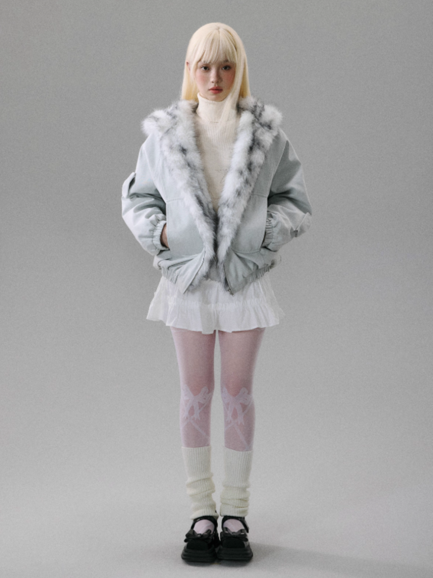 "Northern Frost Rime" Sweet-Cool Plush Hooded Jacket - Gray-White