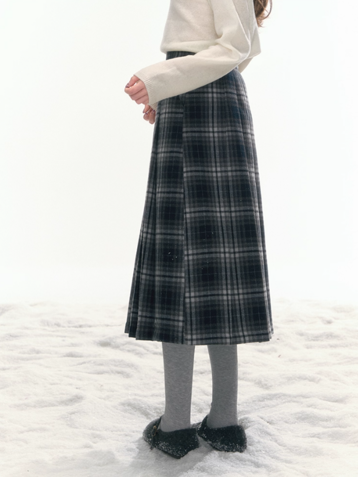 “Misty Forest Accordion” Pleated Blue-Grey A-Line Skirt WW2025476