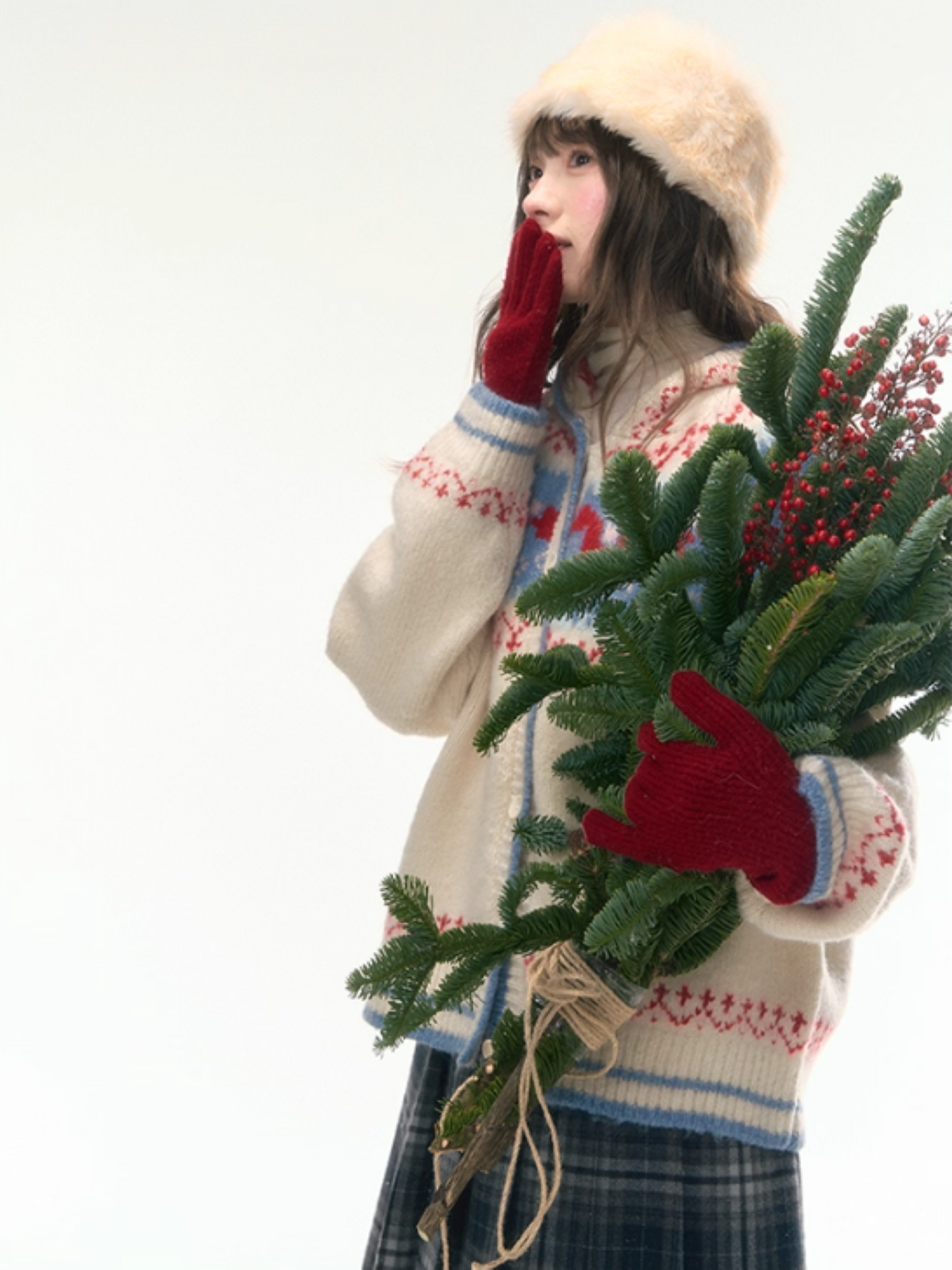 “Christmas Candy Market” Hooded Pony Fair Isle Knit Cardigan WW2025475