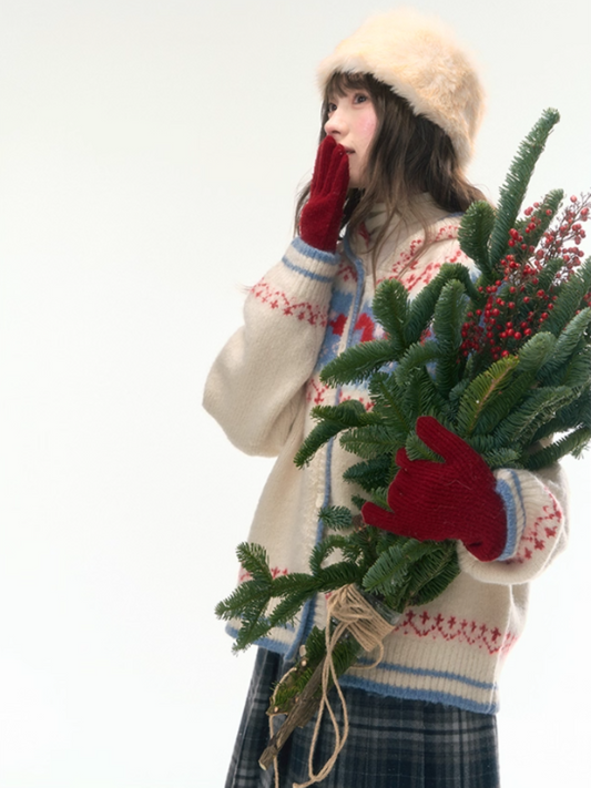 “Christmas Candy Market” Hooded Pony Fair Isle Knit Cardigan WW2025475