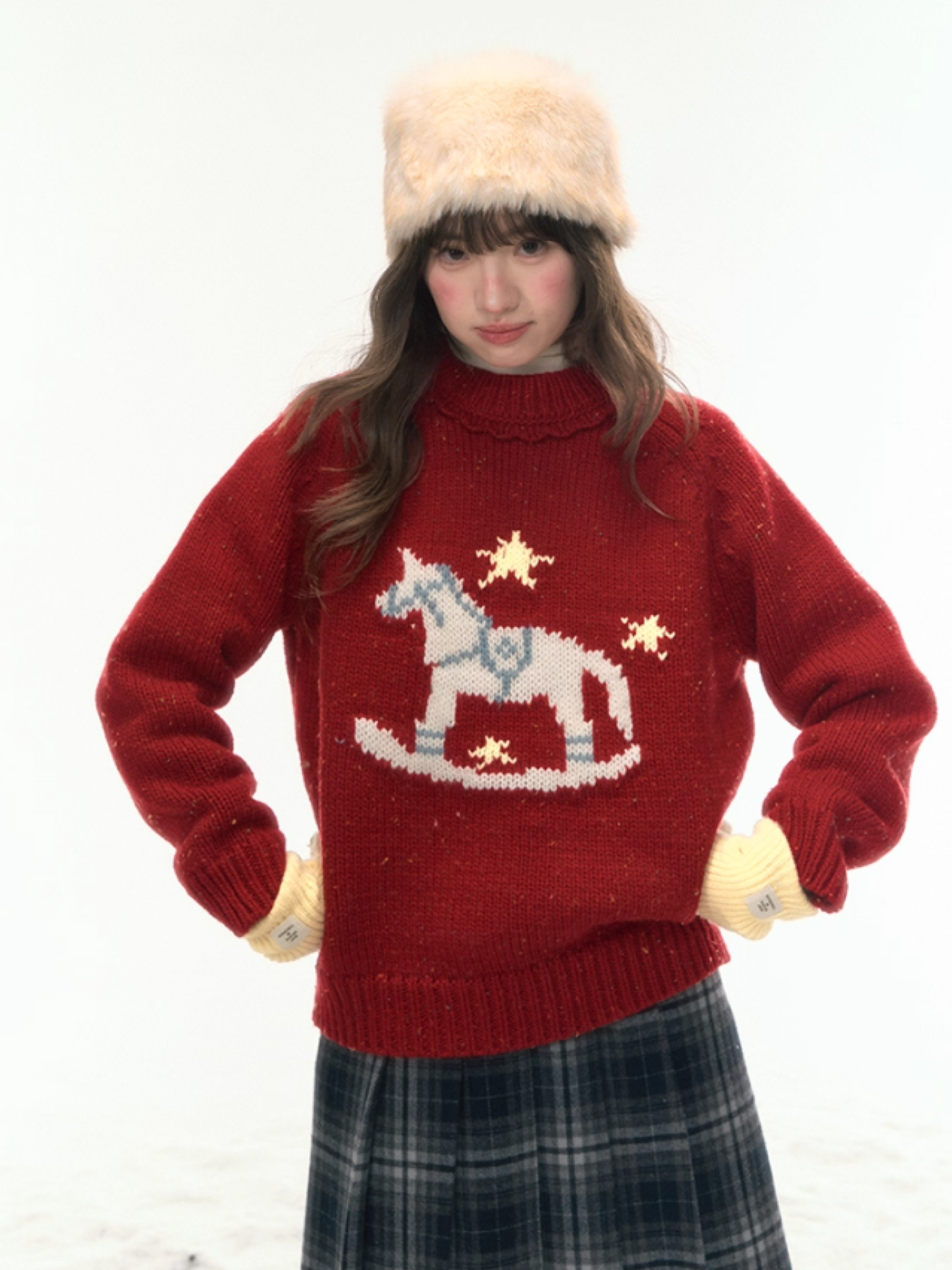 “Christmas Star Rocking Pony” Cozy Wool-Blend Knit Sweater WW2025470