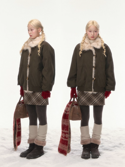 “Caramel Taro Mousse” Faux-Fur PU Leather Short Jacket WW2025458