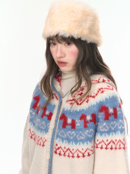 “Christmas Candy Market” Hooded Pony Fair Isle Knit Cardigan WW2025475