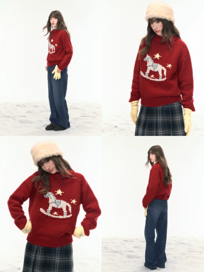 “Christmas Star Rocking Pony” Cozy Wool-Blend Knit Sweater WW2025470