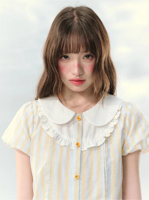 “Spring Lemon Breeze” Milk Blue Striped Shirt & Tiered Mini Skirt Set