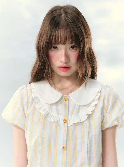 “Spring Lemon Breeze” Milk Blue Striped Shirt & Tiered Mini Skirt Set