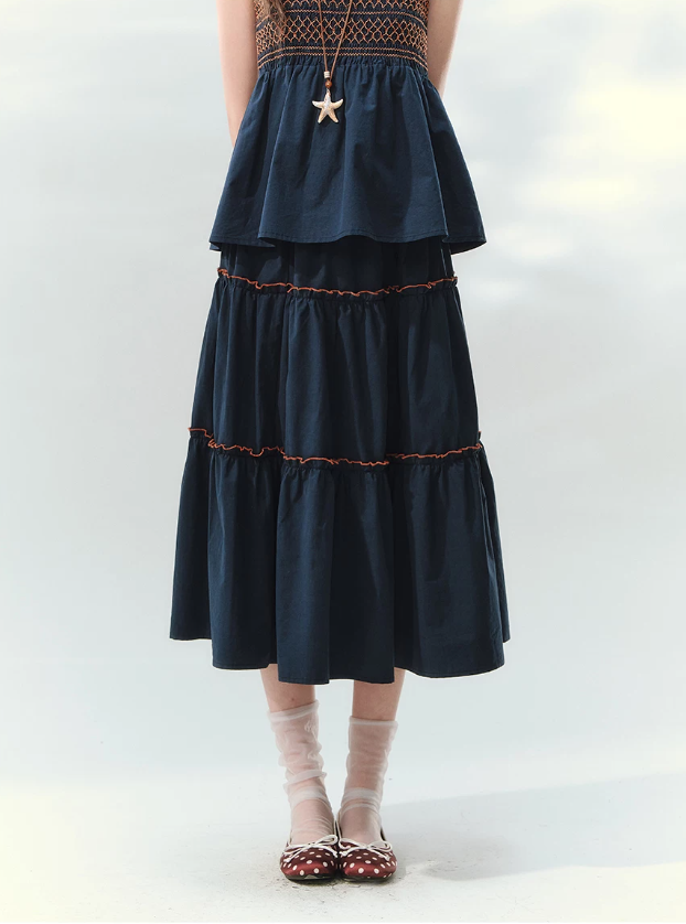 “Bohemian Travel Notes” Navy Beaded Cami & Tiered Maxi Skirt Set