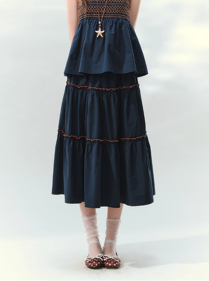 “Bohemian Travel Notes” Navy Beaded Cami & Tiered Maxi Skirt Set