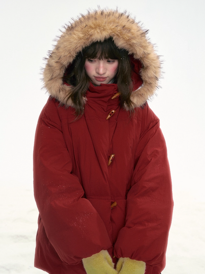“Redwood Reverie” Festive Red Duffle-Hood Down Jacket LL2025317