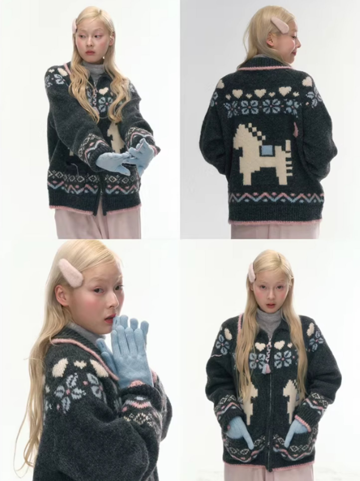 "Nordic Fairytale" Charcoal Pony Zip-Up Knit Cardigan WW2025449