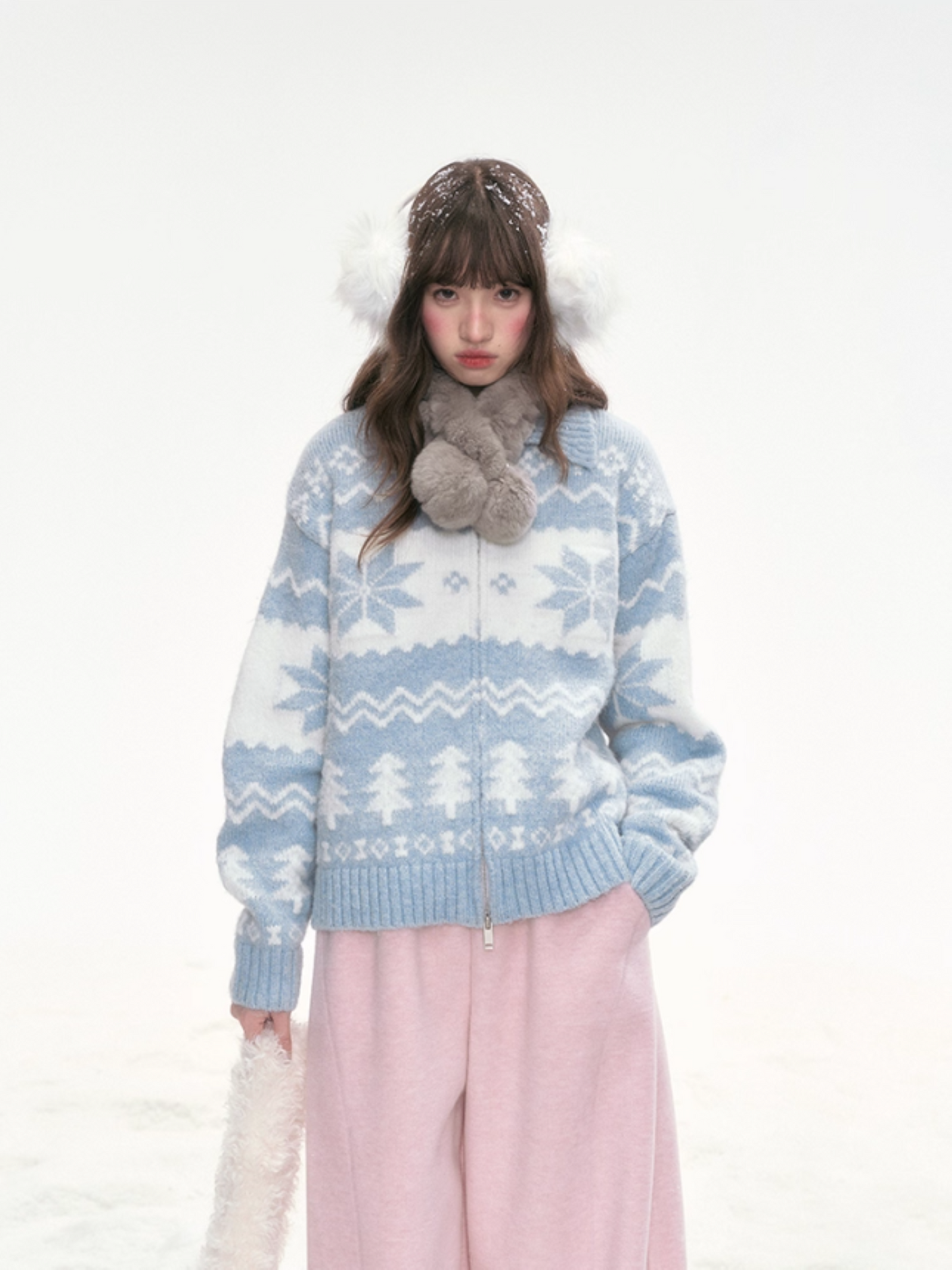 "Frost Whisper" Blue Vintage Contrast Knit Cardigan LL2025305