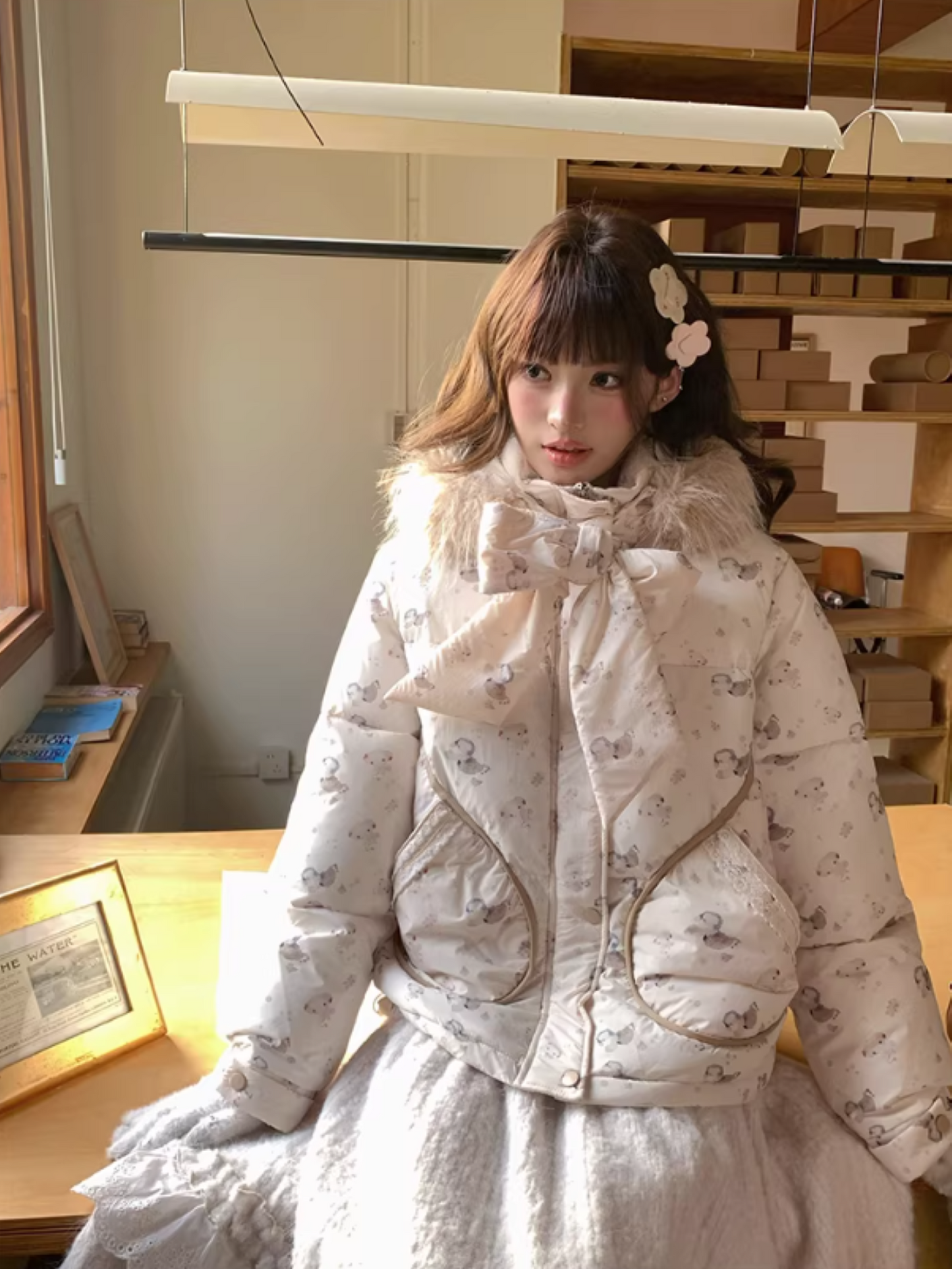 阮阮自制 - "Fluffy Pup" Bow-Detail Puppy Print Puffer Jacket