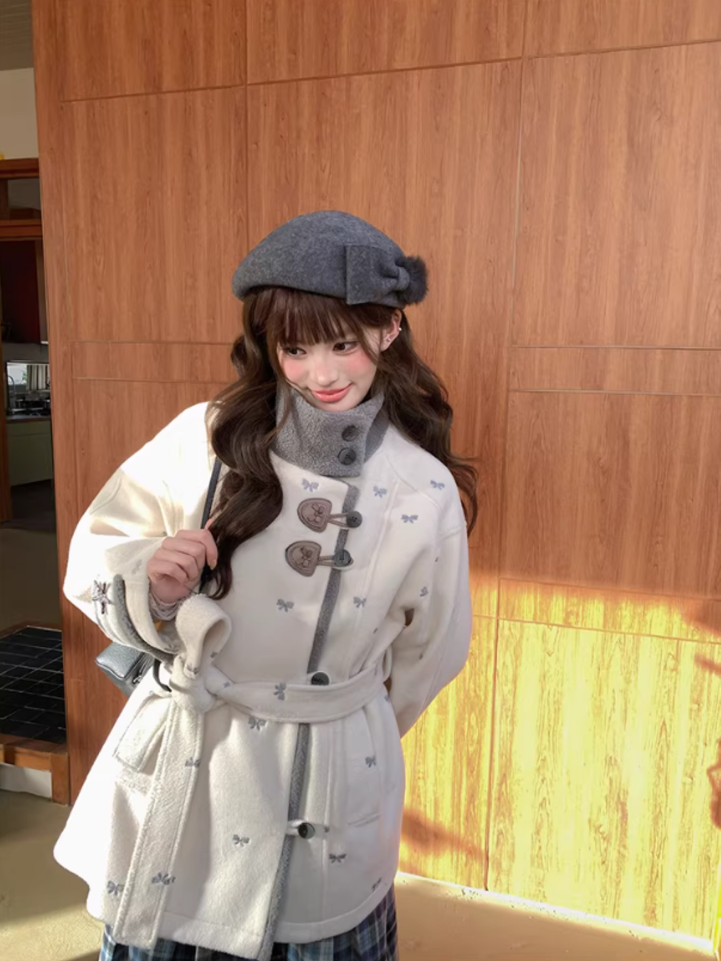 阮阮自制 - "Fog Whisper" Bow Embroidered Wool-Blend Padded Coat
