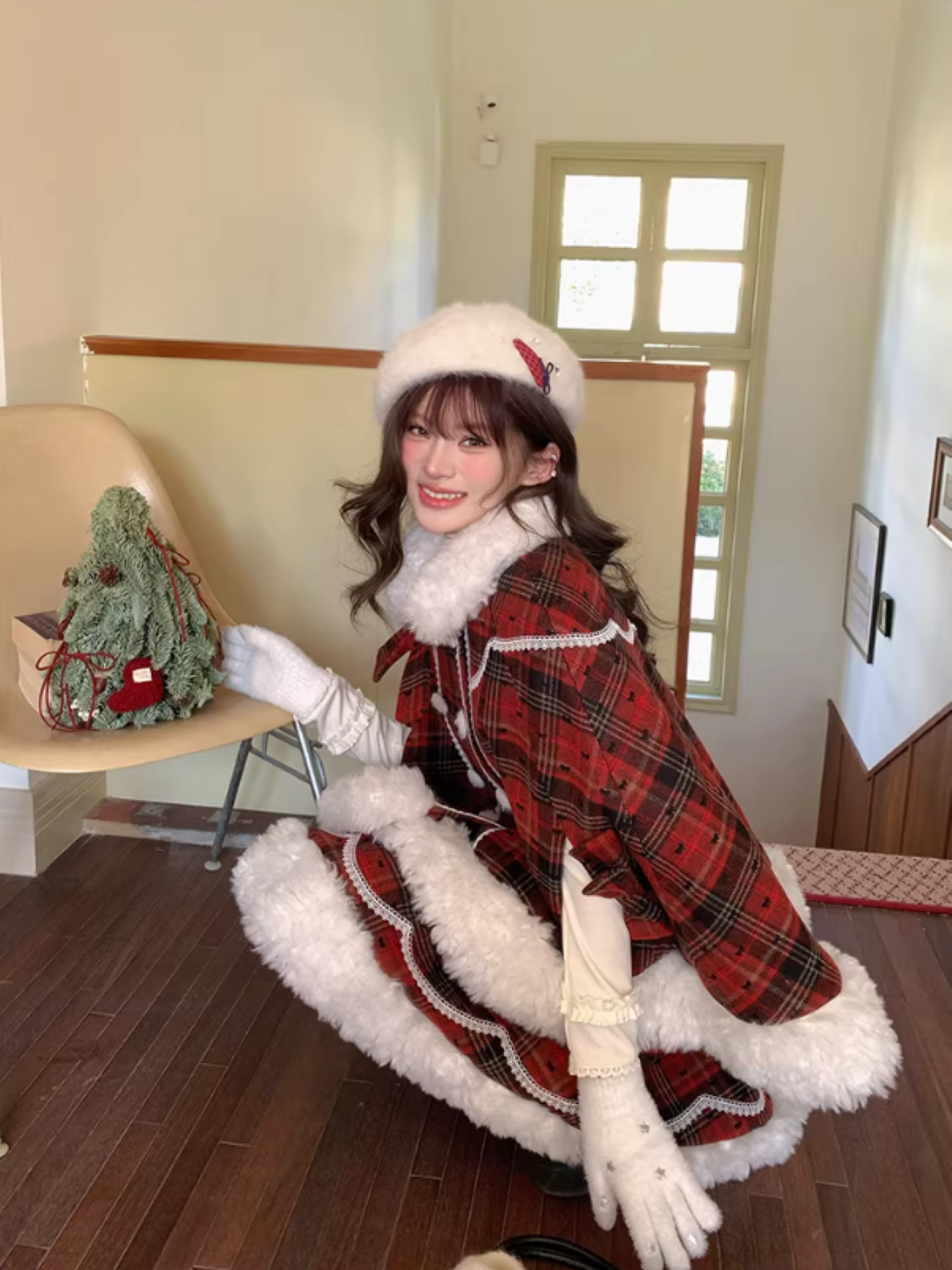 阮阮自制 - "Snowberry Dream" Plaid Cape Wool Blend Two-Piece Winter Set