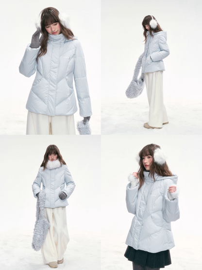 “Snowday Serenade” Powder Blue Waist-Defining Down Jacket LL2025298