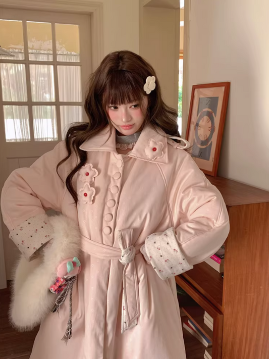 阮阮自制 - Honey Blossom Blush Floral Long Puffer Jacket