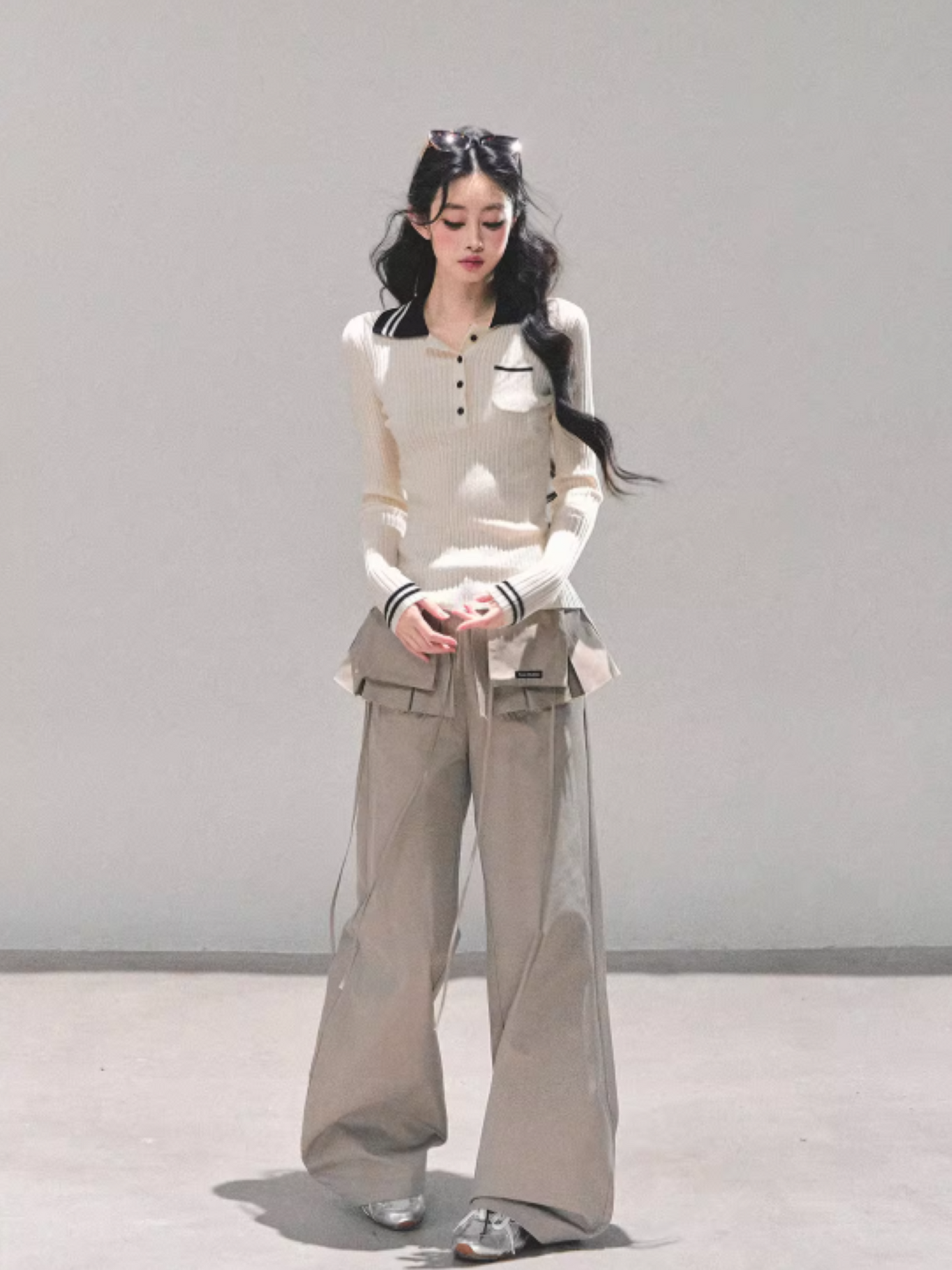 "温蒂的信" Classic Polo Collar Knit Top - White