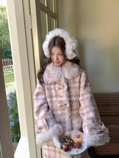 阮阮自制 - Clara Bow Blush Plaid Wool-Blend Padded Coat