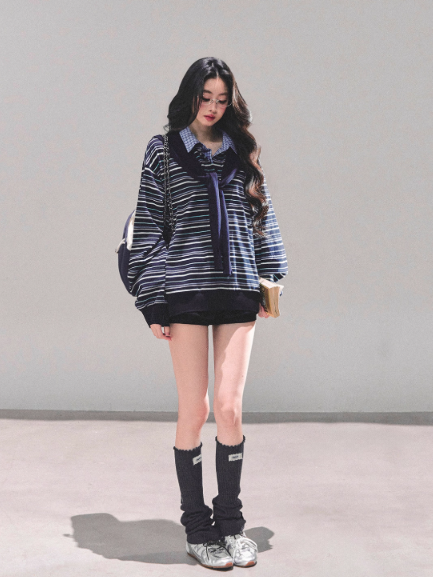 少也眼 "Unfinished Poem" Striped Polo Long Sleeve - Navy Striped