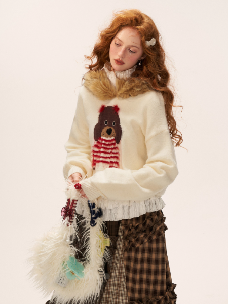 MAMC - Dog Fur-Trim Pullover Hoodie Sweater WE805 - Beige
