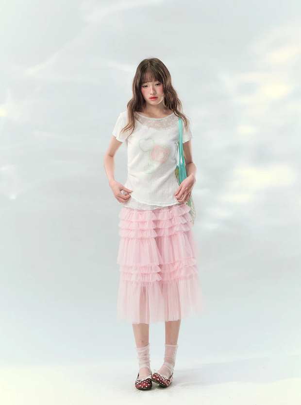 “Apple Mist Daydream” White Apple Print Ruched Tee