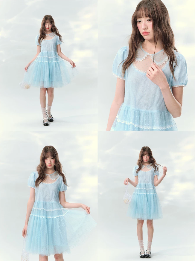“Ice Blue Polka Dream” Blue Polka Dot Tiered Mini Dress
