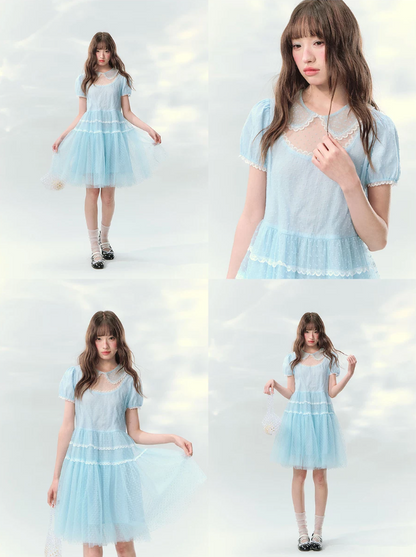 “Ice Blue Polka Dream” Blue Polka Dot Tiered Mini Dress