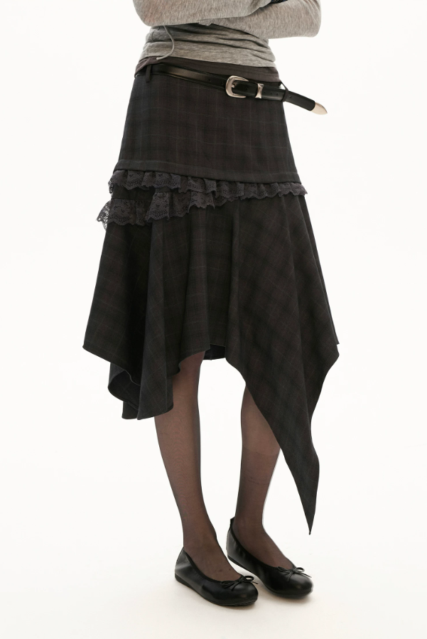 Grey Plaid Asymmetrical Lace Midi Skirt