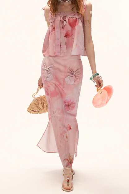 MAMC - "Peach Bloom Mood" Bow Cami & Midi Skirt Set WE906