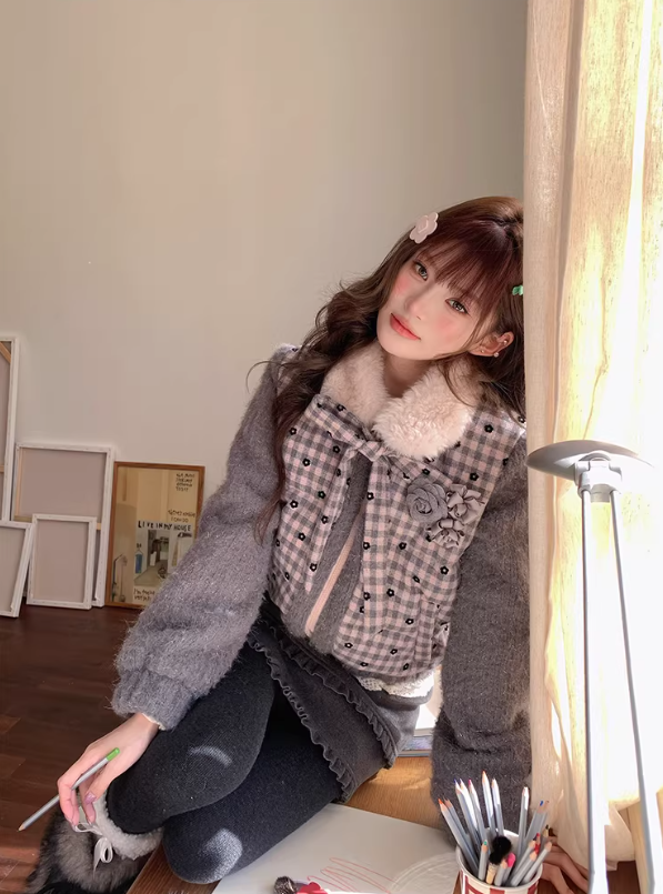 阮阮自制 - "Mist Isle Sakura" Faux-Layered Plaid Fur-Collar Puffer Jacket