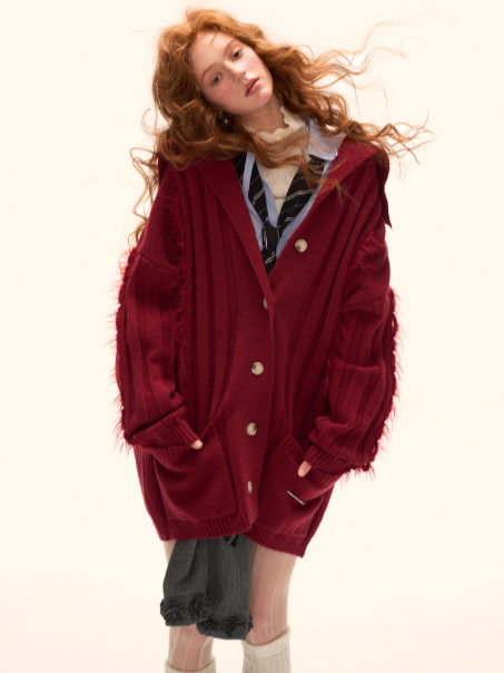 MAMC - Lazy Knit Cardigan with Contrast Stitching (Cabernet Red)