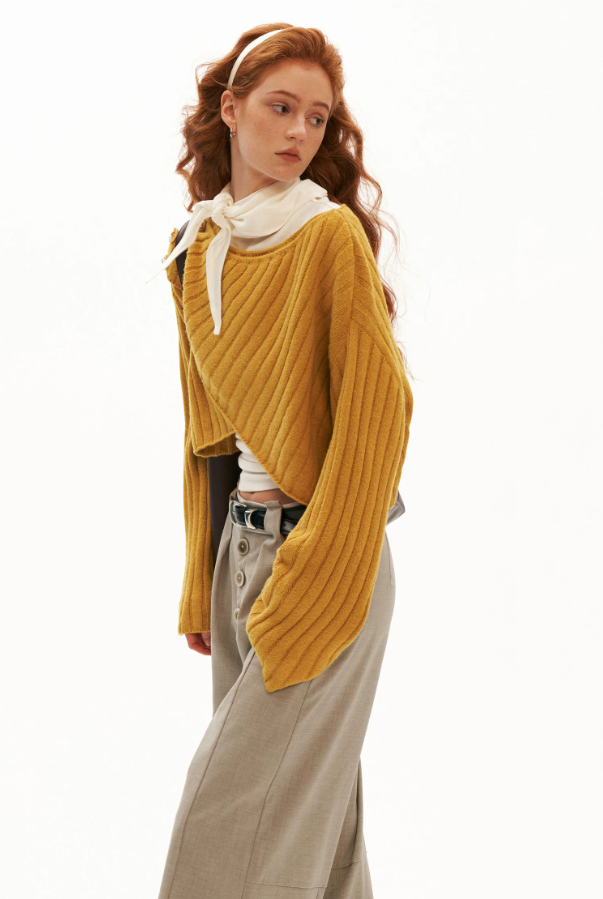 MAMC - Soft Recycled Airy Knit Cross-Neck Sweater (Red / Yellow / Ivory)