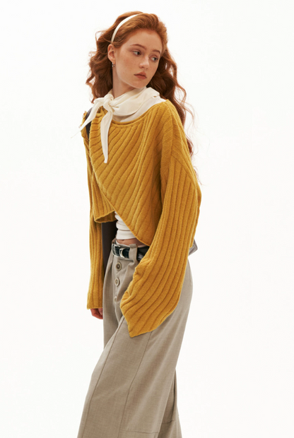 MAMC - Soft Recycled Airy Knit Cross-Neck Sweater (Red / Yellow / Ivory)