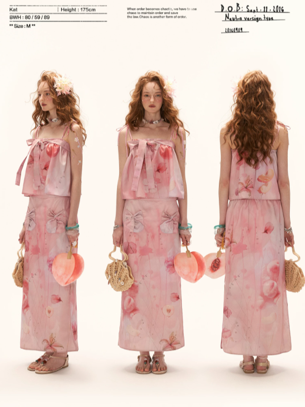 "Peach Bloom Mood" Bow Cami & Midi Skirt Set WE906
