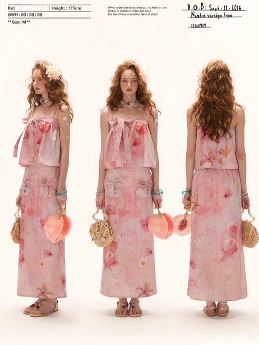 "Peach Bloom Mood" Bow Cami & Midi Skirt Set WE906