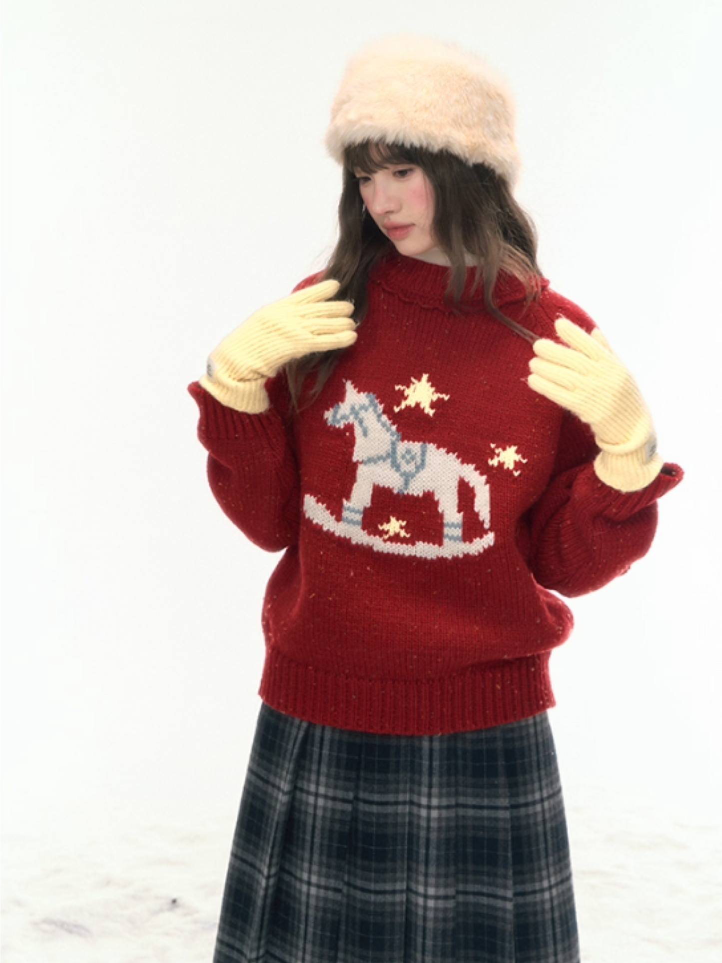 “Christmas Star Rocking Pony” Cozy Wool-Blend Knit Sweater WW2025470