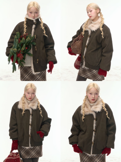 “Caramel Taro Mousse” Faux-Fur PU Leather Short Jacket WW2025458