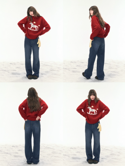 “Christmas Star Rocking Pony” Cozy Wool-Blend Knit Sweater WW2025470