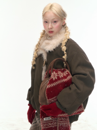 “Caramel Taro Mousse” Faux-Fur PU Leather Short Jacket WW2025458