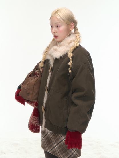 “Caramel Taro Mousse” Faux-Fur PU Leather Short Jacket WW2025458