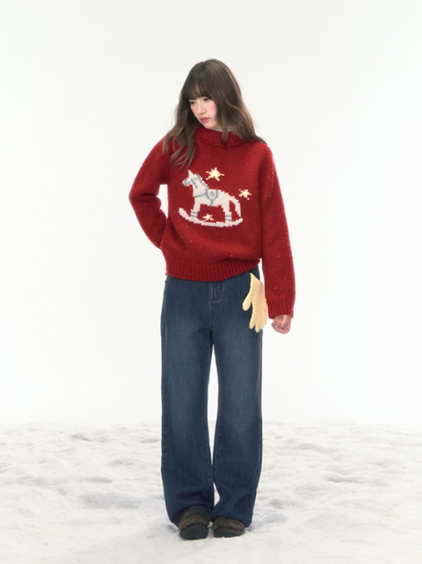 “Christmas Star Rocking Pony” Cozy Wool-Blend Knit Sweater WW2025470