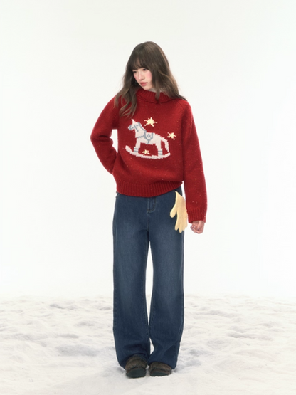 “Christmas Star Rocking Pony” Cozy Wool-Blend Knit Sweater WW2025470