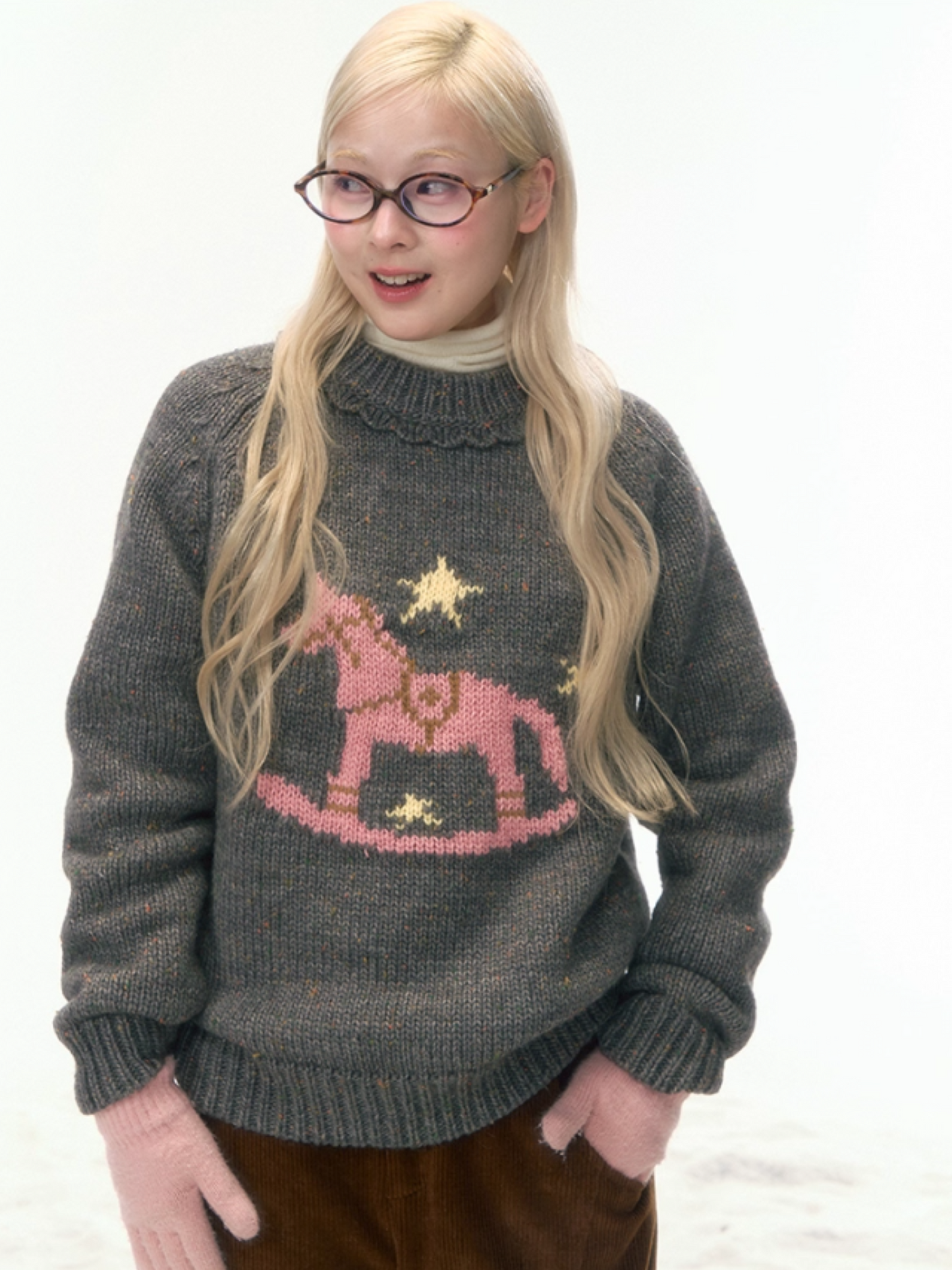 “Christmas Star Rocking Pony” Cozy Wool-Blend Knit Sweater WW2025470