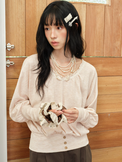 DAILY ARTIST - Soft Nude Pink Lace V-Neck Lantern Sleeve Top