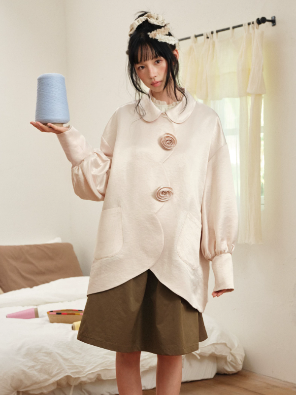 DAILY ARTIST - Soft Pink Pearl Satin Rose Bubble Sleeve Jacket