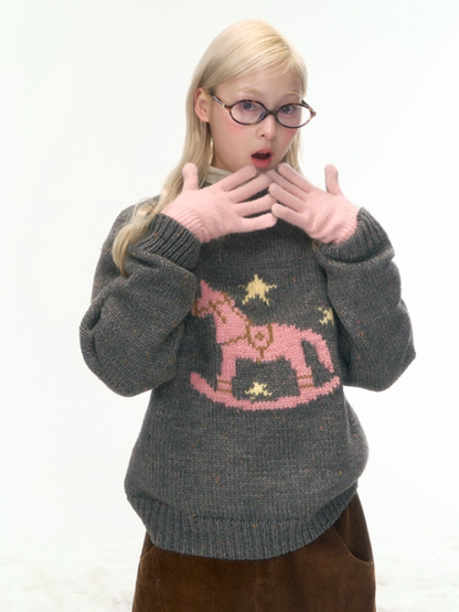 “Christmas Star Rocking Pony” Cozy Wool-Blend Knit Sweater WW2025470
